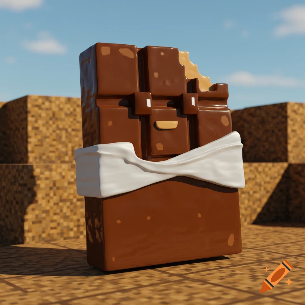 A stylized, partially bitten chocolate bar with a white wrapper stands upright on a blocky Minecraft-style ground under a blue sky.