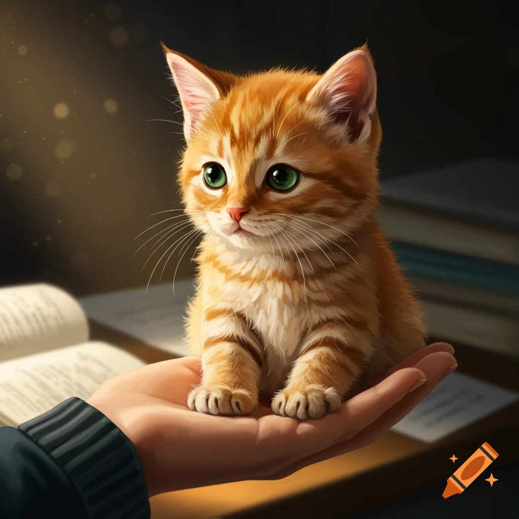 A cute ginger tabby kitten with bright green eyes sits calmly in a human hand, with a blurred book in the background under soft, warm light.