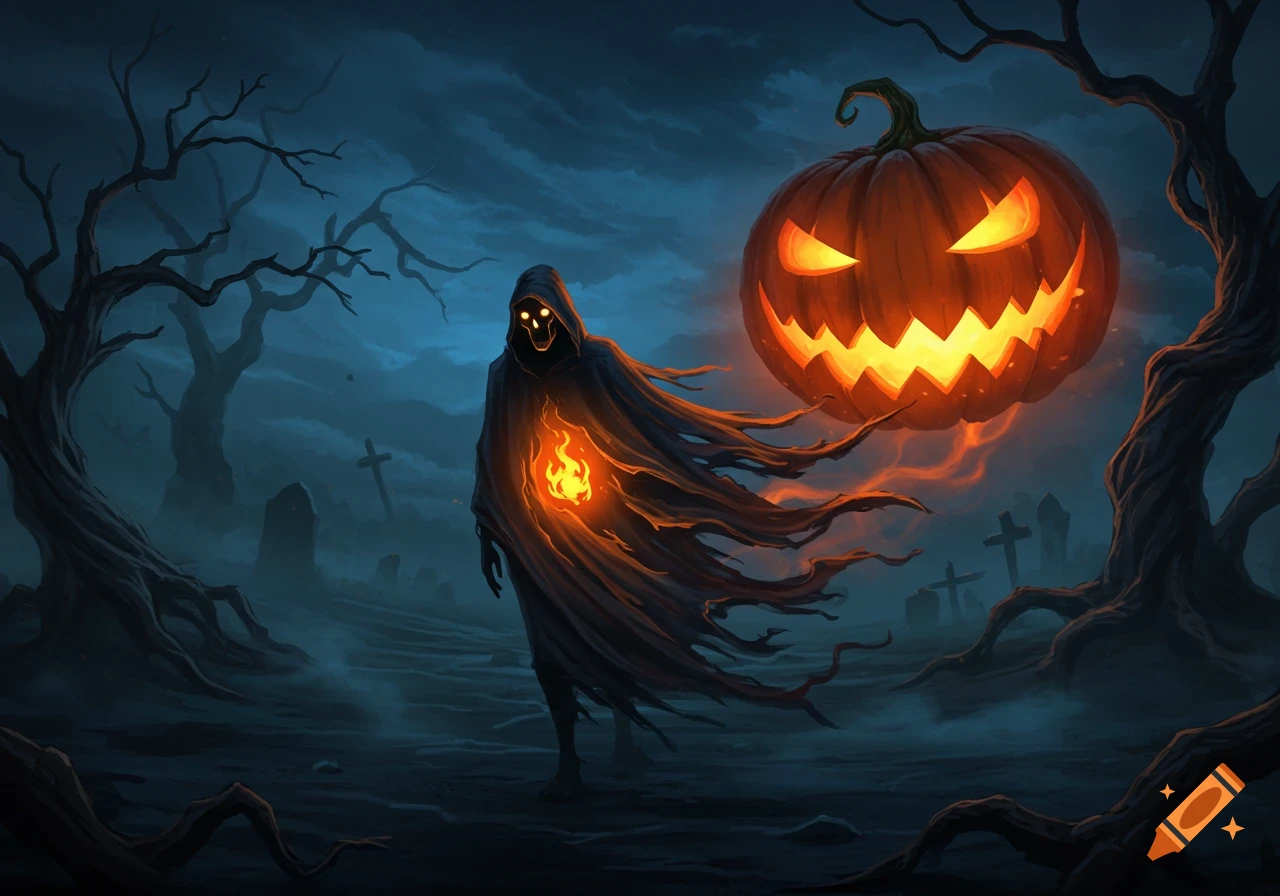 A grim hooded figure with glowing eyes and a flaming chest stands in a dark graveyard next to a giant, menacing jack-o'-lantern.