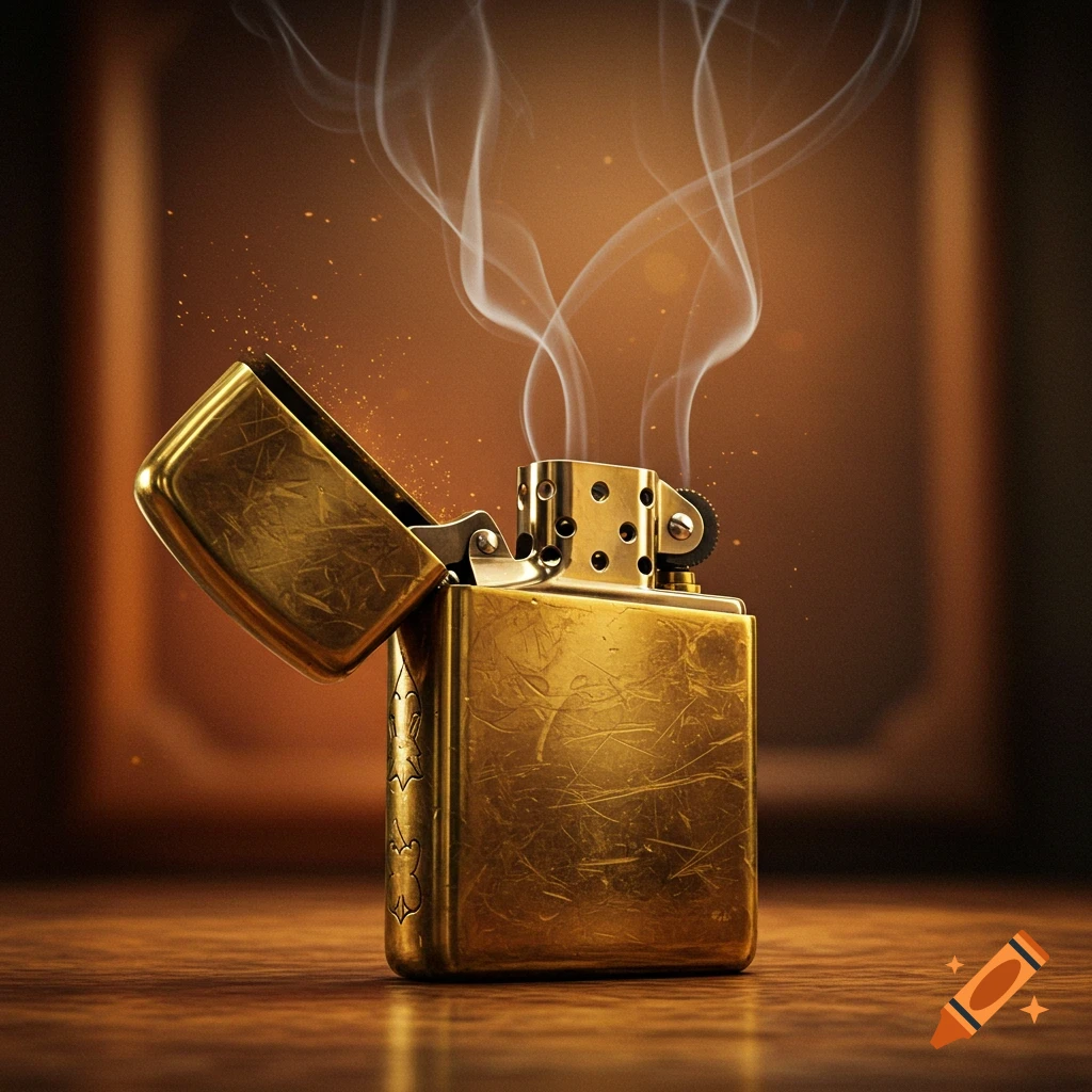Close-up, low-angle shot of an ornate golden lighter, open with smoke rising from it, resting on a wooden surface.