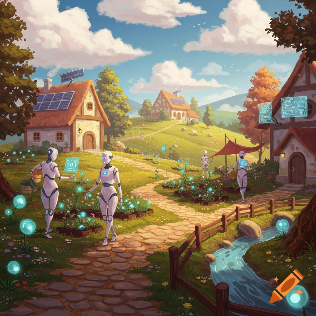 Robots tend to glowing futuristic plants in a sunny, idyllic village with solar-paneled houses and a winding stream, in a sci-fi art style.