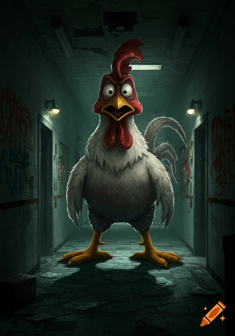 A large, wide-eyed cartoon rooster stands in a dimly lit, dirty hallway with graffiti on the walls.