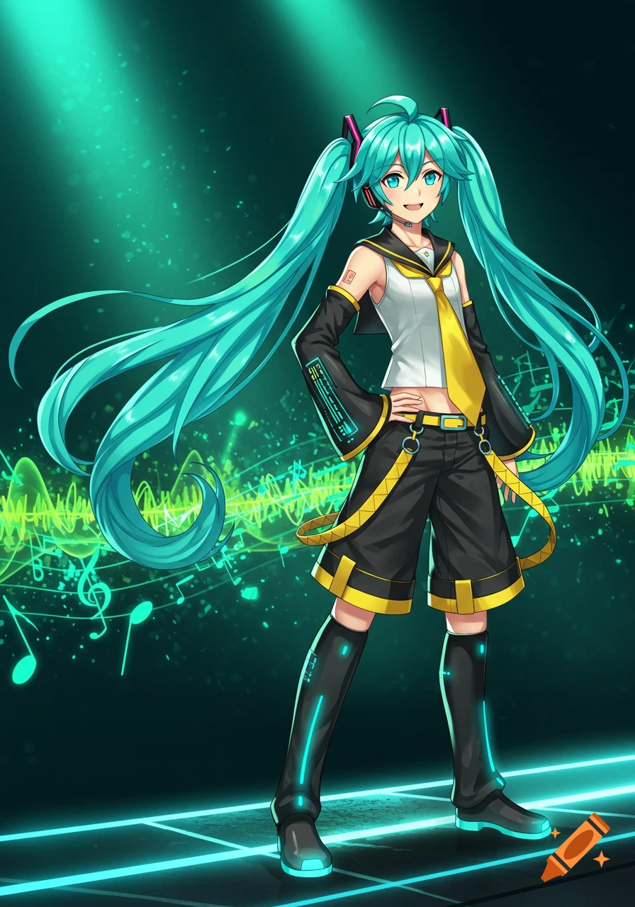Anime girl with long turquoise pigtails, headphones, and a sailor-style outfit stands smiling against a dark green background with musical notes.