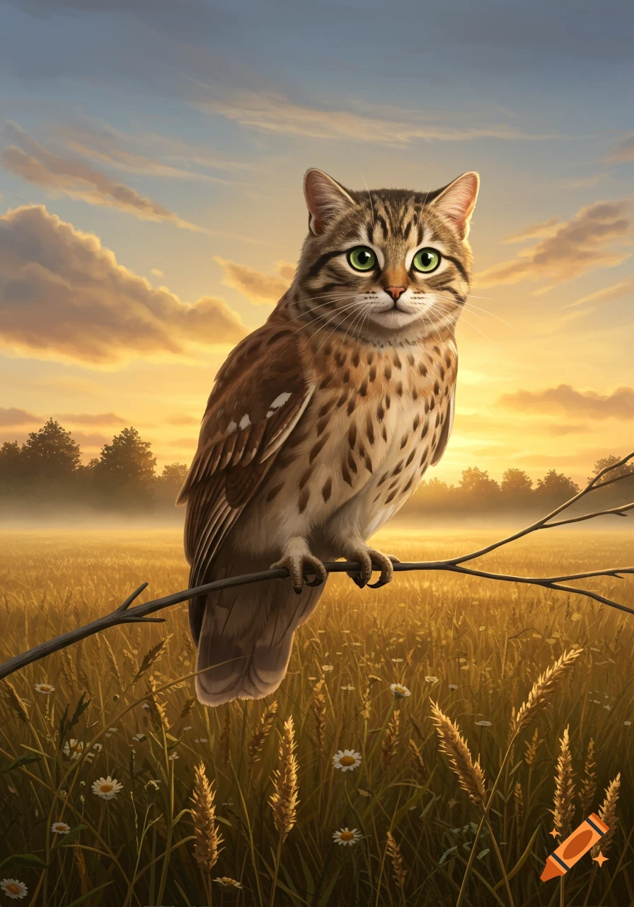 A tabby cat's head on an owl's body, with bright green eyes, perched on a branch in a golden field under a sunset sky.
