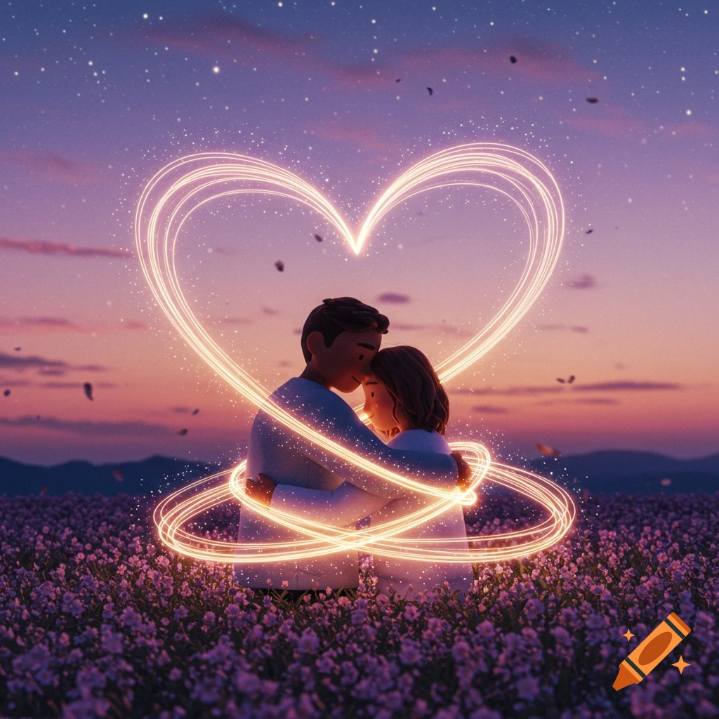 A 3D illustrated couple embraces in a field of purple flowers under a starry sunset sky, framed by glowing heart-shaped lines.