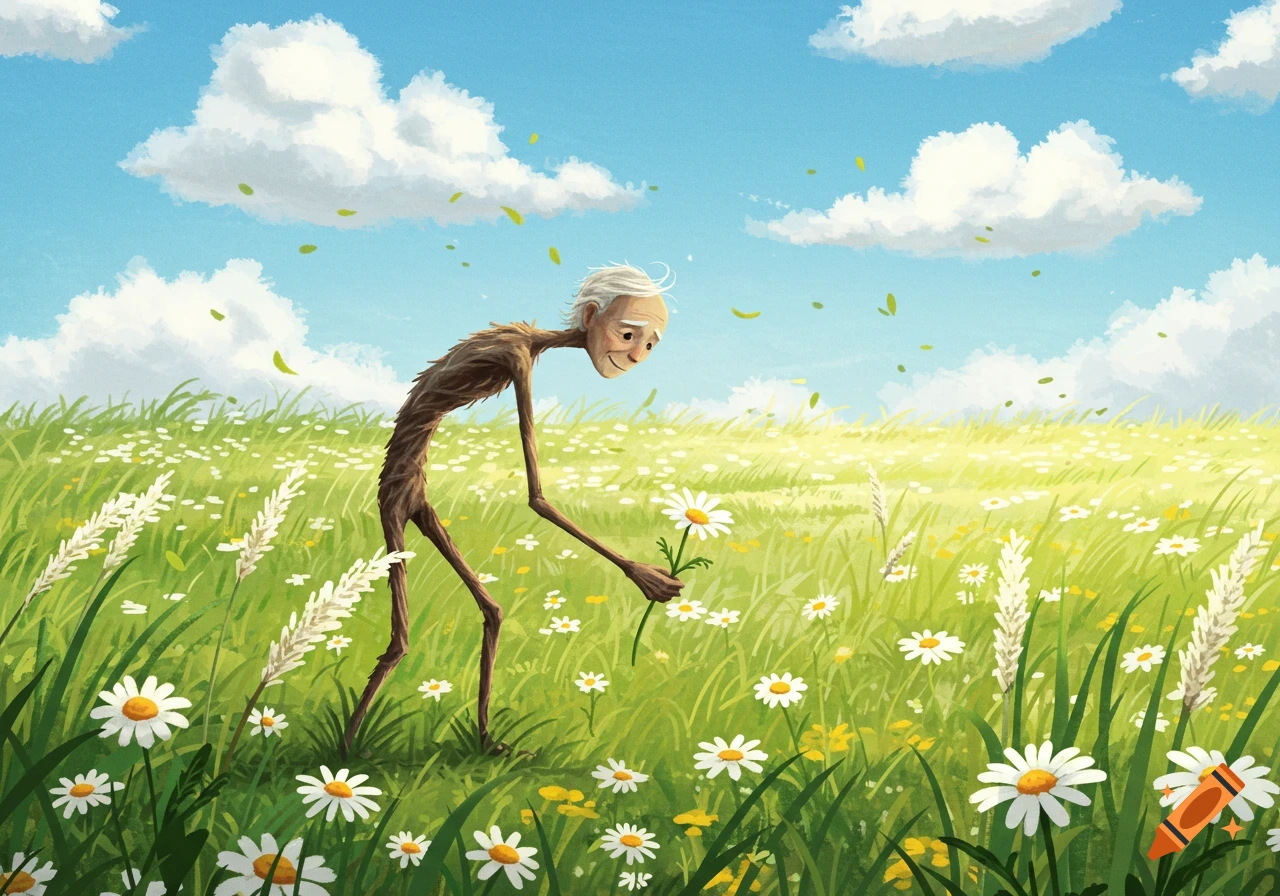 A stylized illustration of a very thin, old man with white hair bending to pick a white daisy in a green meadow under a blue sky.