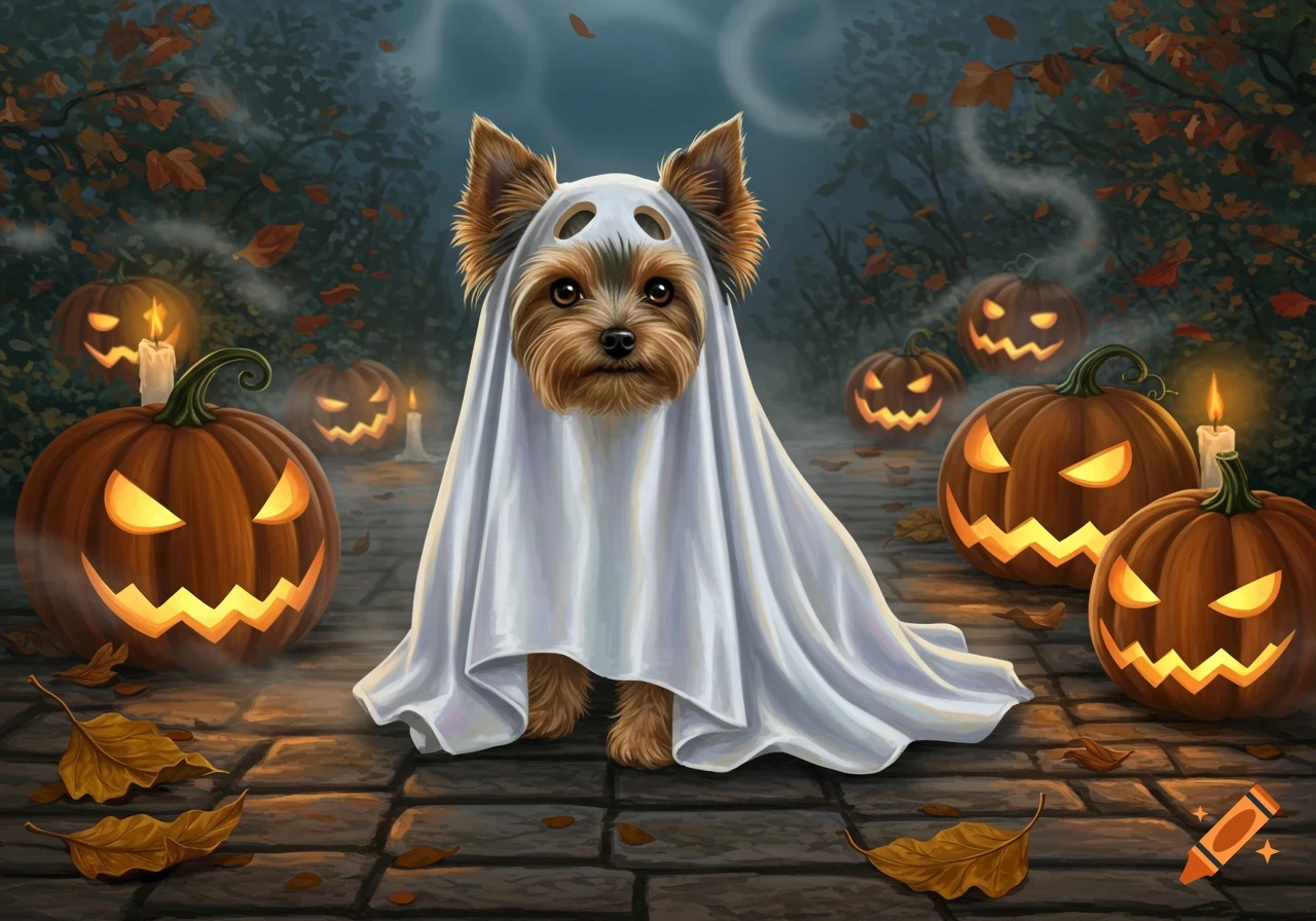 A cute Yorkshire Terrier dog in a white ghost costume stands on a cobblestone path, surrounded by glowing jack-o'-lanterns in a spooky, autumn night forest illustration.