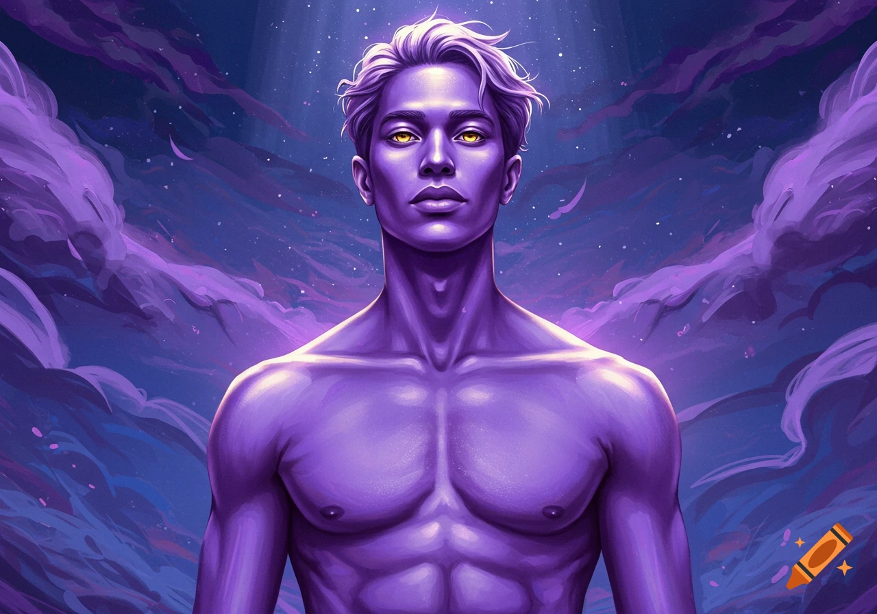 A stylized digital art portrait of a shirtless man with purple skin and golden eyes, looking directly forward, against a cosmic purple sky with clouds.