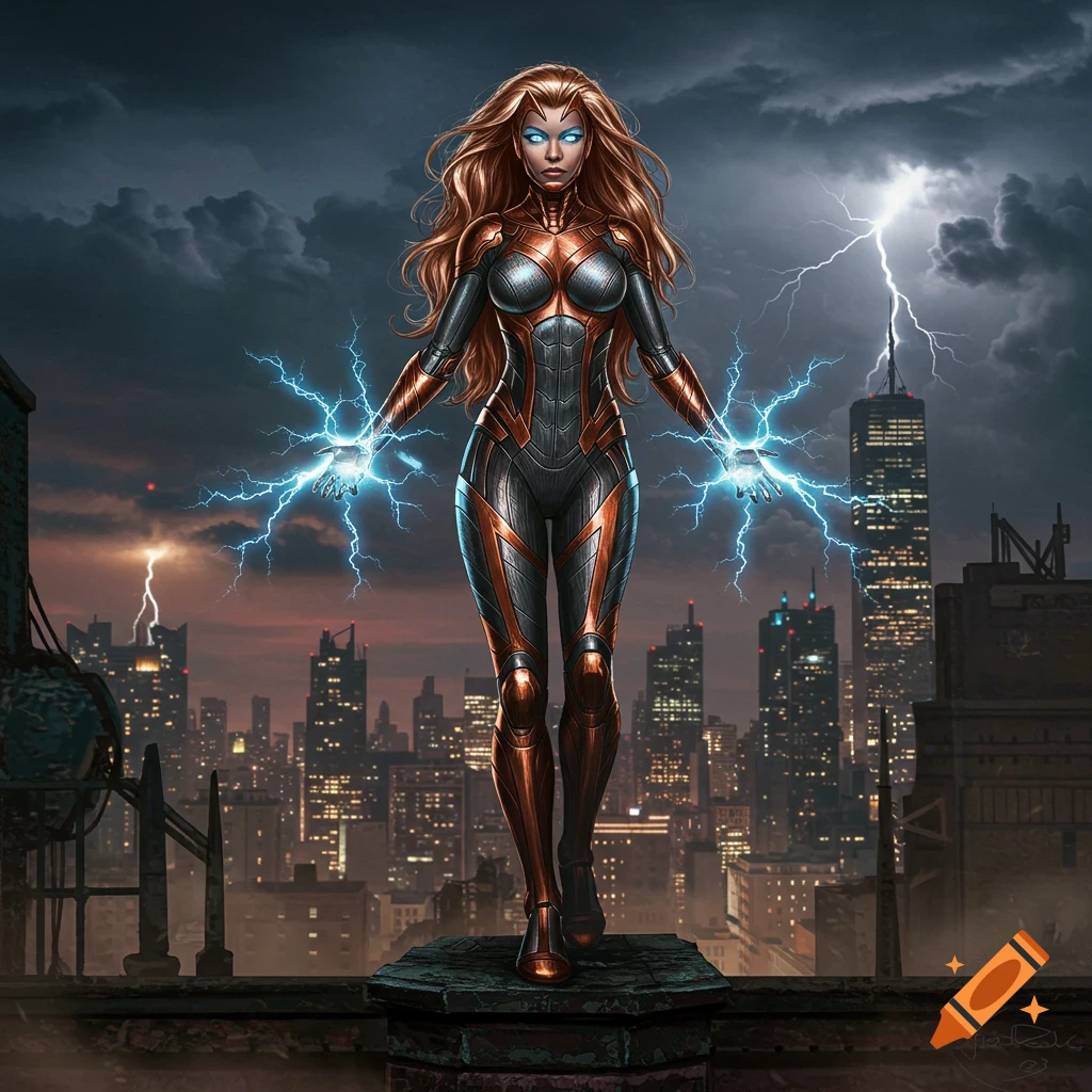 A female superhero in a copper and black suit stands on a rooftop, generating electricity with her hands, overlooking a city skyline at dusk.