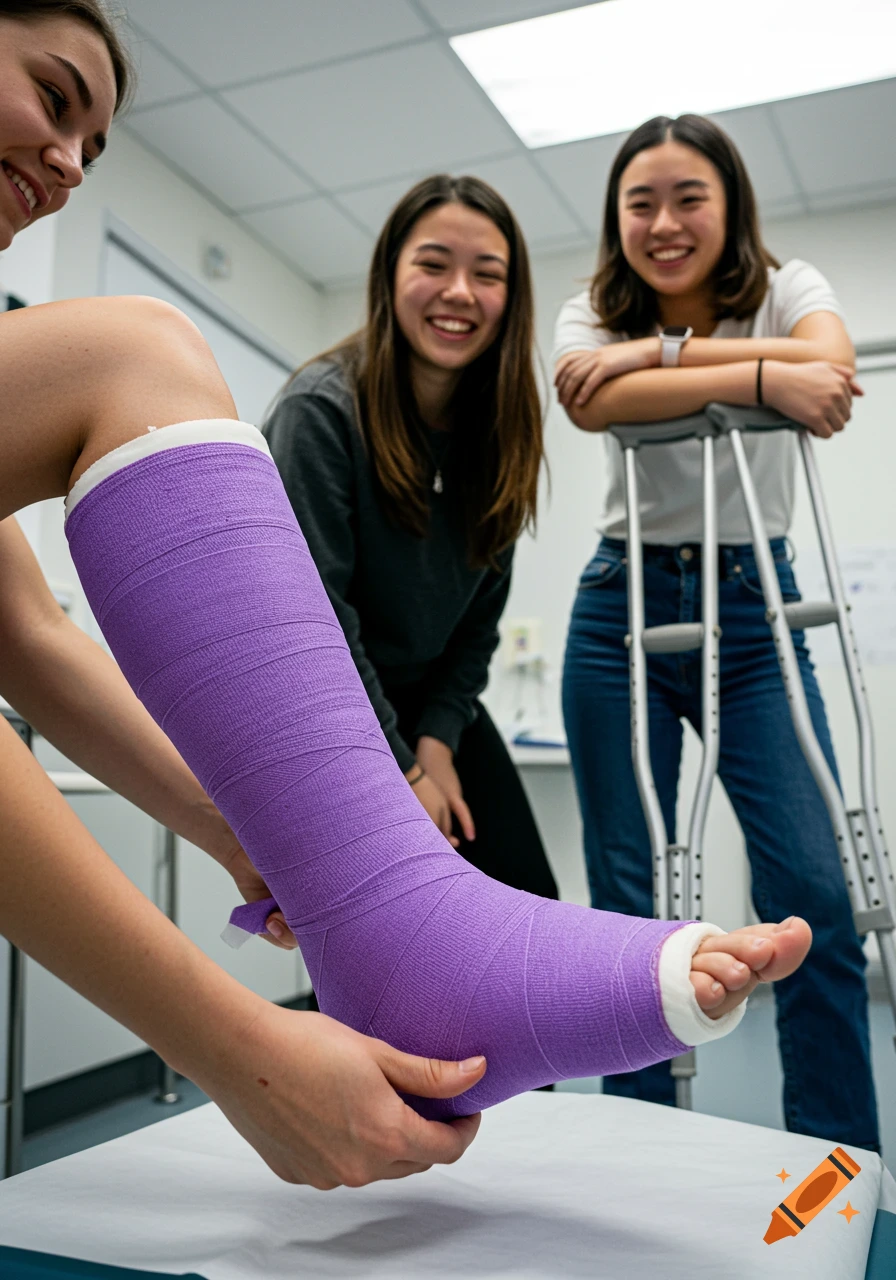 Three smiling women in a medical setting, one has a purple leg cast being wrapped while another holds her foot, a third leans on crutches.