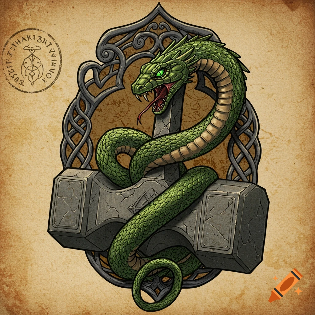 An illustration of a green snake with glowing eyes wrapped around a stone hammer within an ornate frame on an aged background.