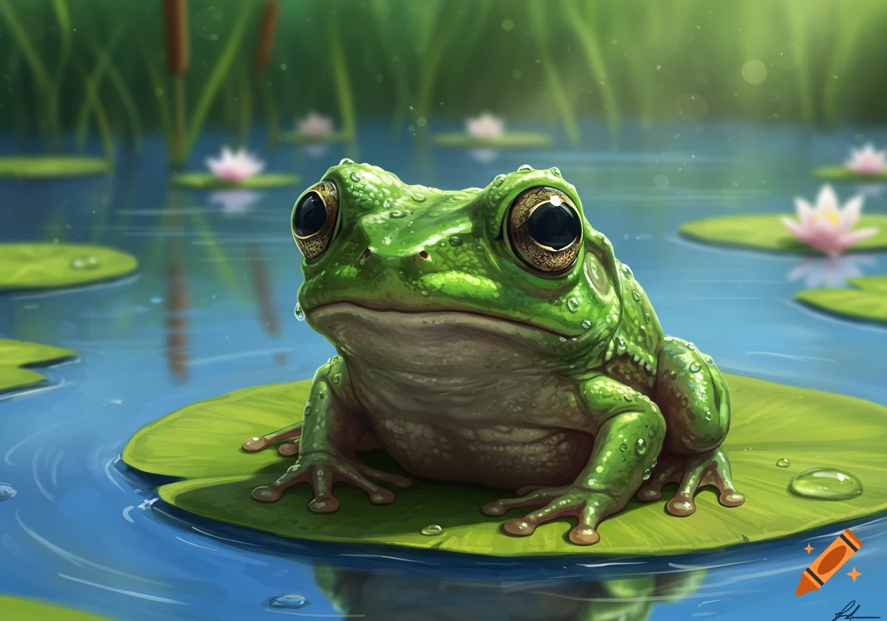 A vibrant green frog with bulging eyes sits on a lily pad in a calm pond with water lilies, in a painterly style.