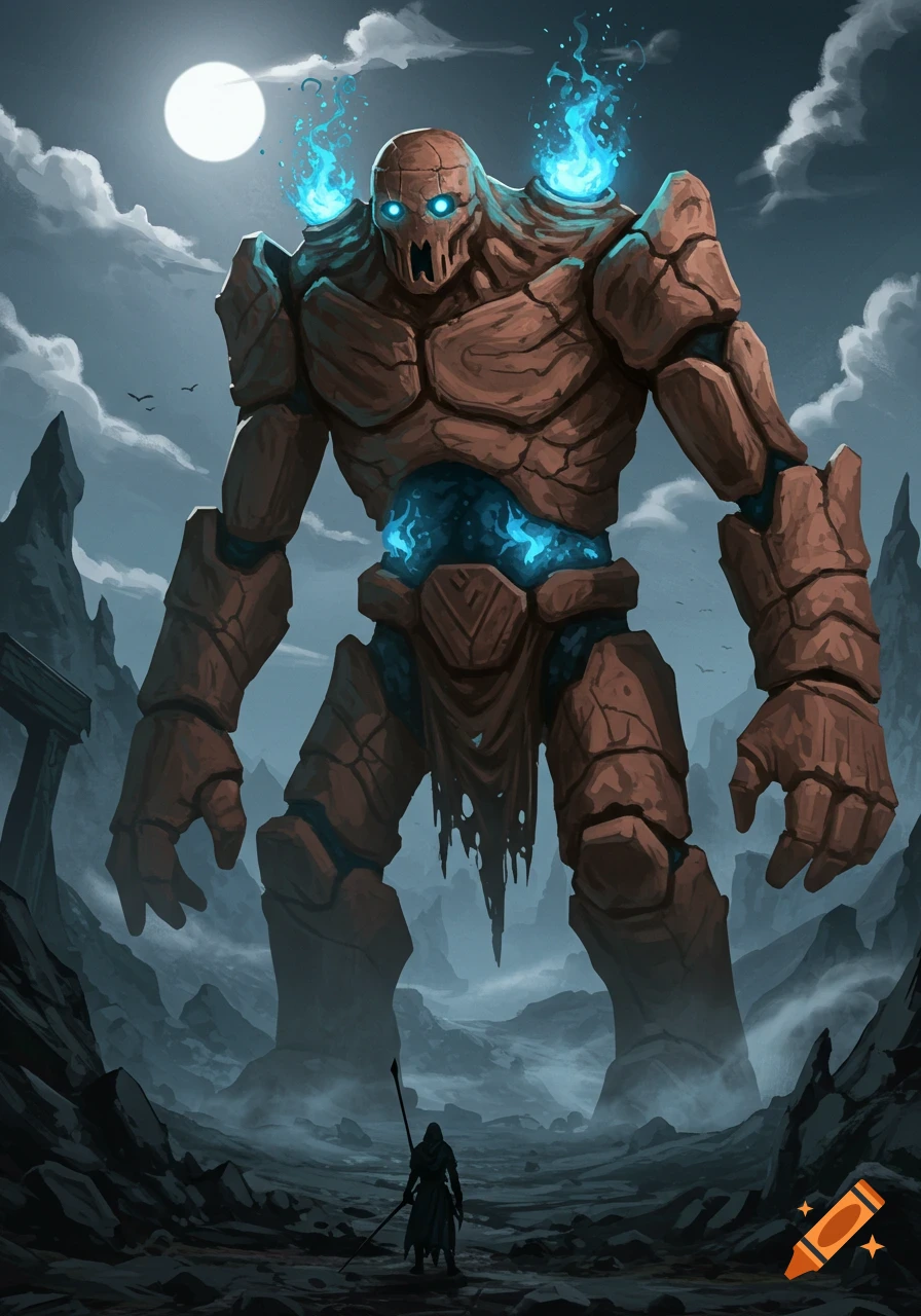 A giant stone golem with glowing blue eyes and flames looms over a cloaked figure in a desolate, moonlit landscape, fantasy art.