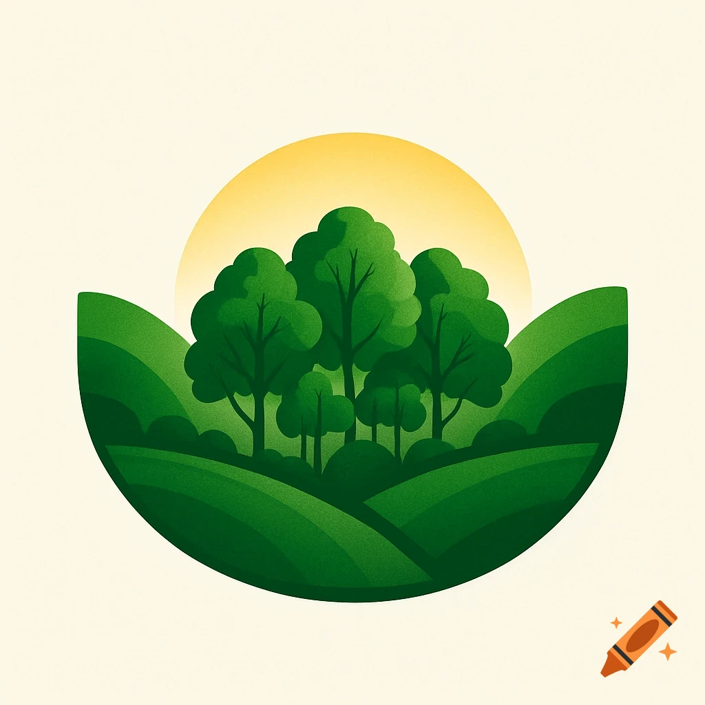 A minimalist logo illustration of green rolling hills and trees with a setting yellow sun in the background.