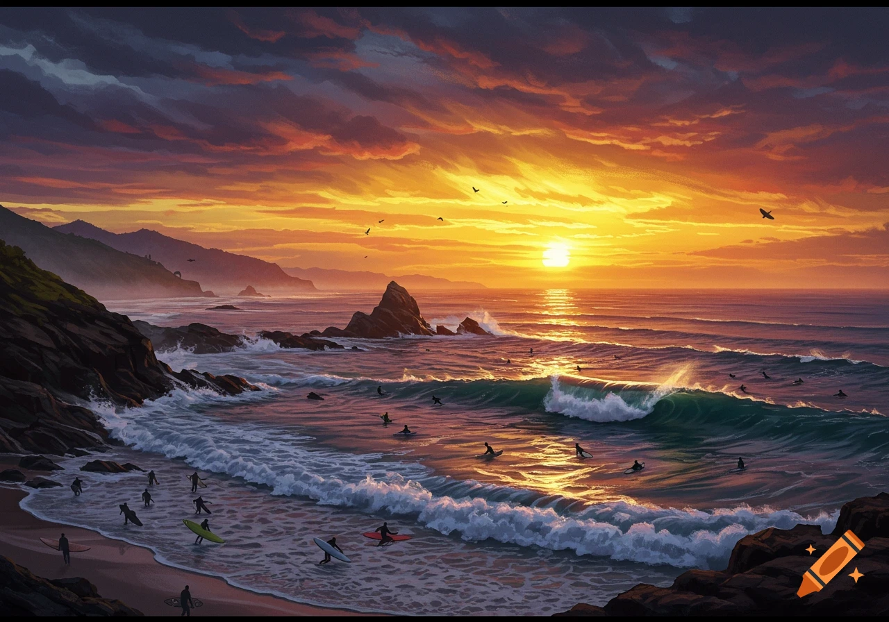 A dramatic sunset over a rocky coastline with mountains in the distance. Surfers paddle and ride waves in the ocean, while others walk along the sandy beach. The sky glows with vibrant orange, crimson, and purple clouds.