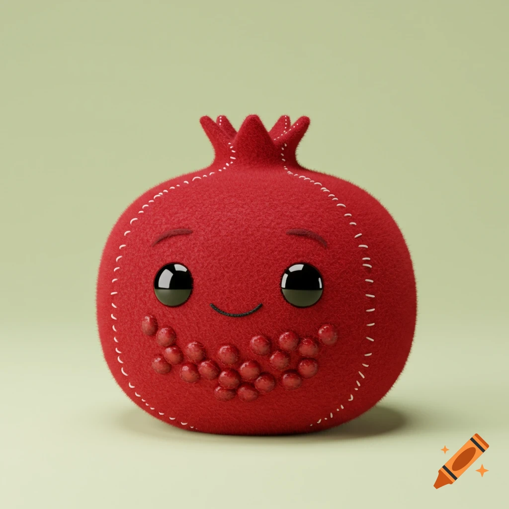 A cute, red, fuzzy pomegranate plush toy with a smiling face and big black eyes against a light green background.