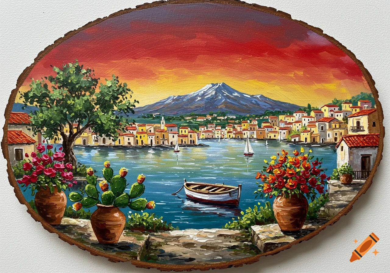 Vibrant painting on an oval wood slice depicting a Mediterranean coastal town with Mt. Etna, boats, and colorful flowers.
