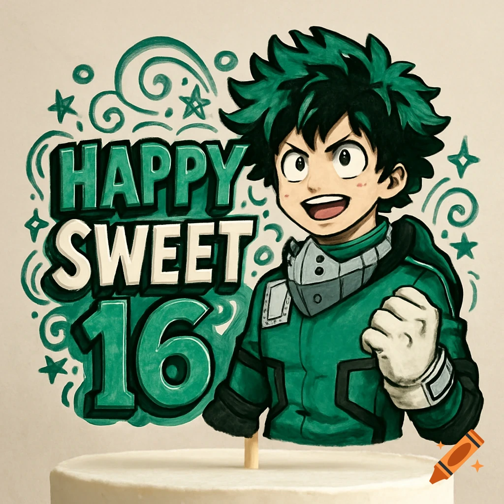 A colorful anime-style cake topper features My Hero Academia's Deku smiling next to the text 'HAPPY SWEET 16'.