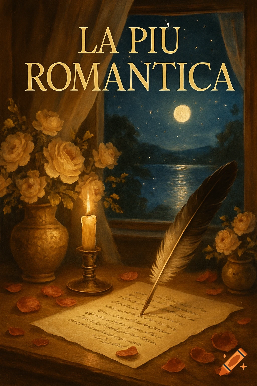 A romantic painting depicting a quill pen resting on a handwritten letter, illuminated by a candle next to a vase of white roses. A window overlooks a moonlit lake and starry night sky, with the text "LA PIÙ ROMANTICA" at the top.