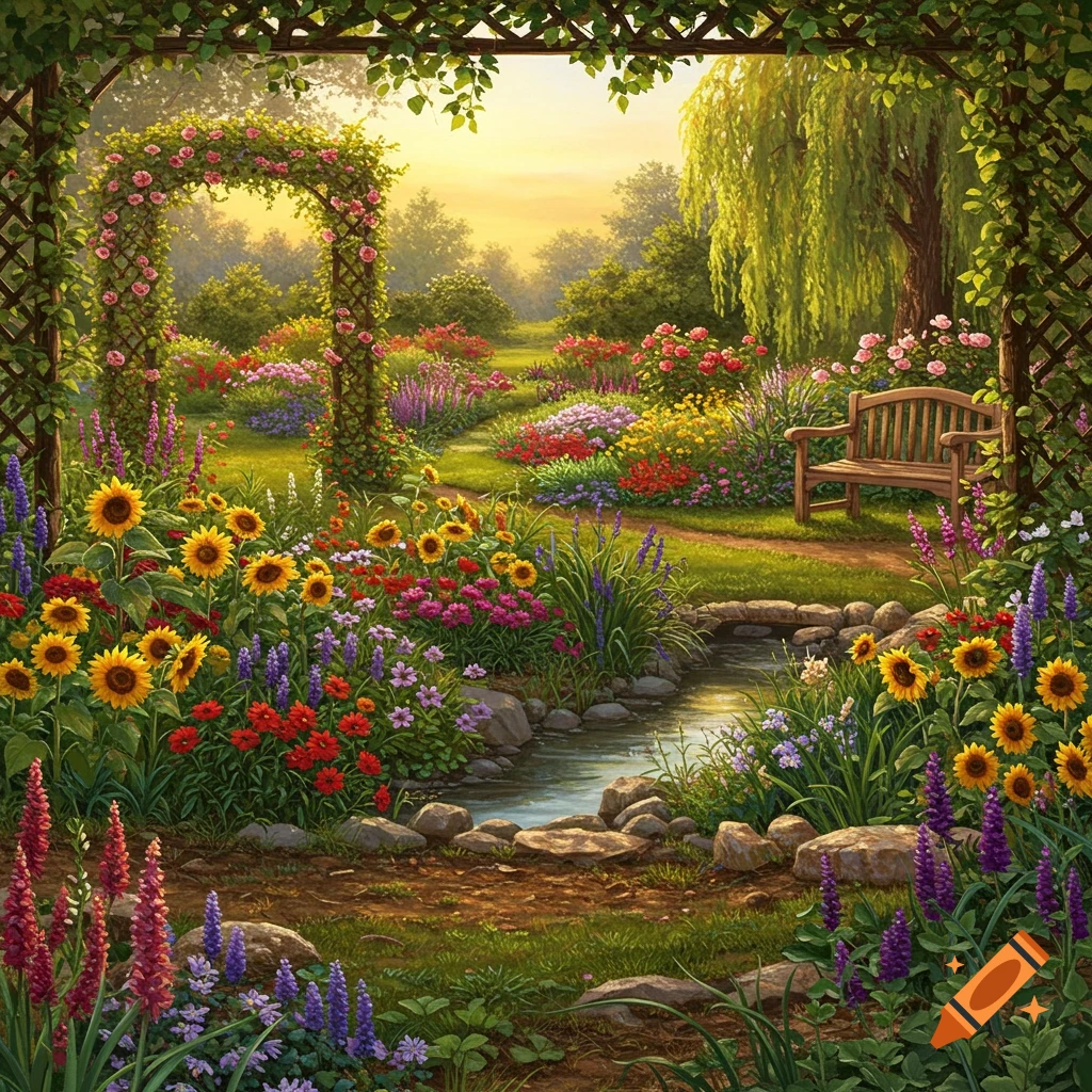 A vibrant, lush garden path leads to a wooden bench by a stream, surrounded by colorful sunflowers, roses, and various wildflowers under a sunny sky.
