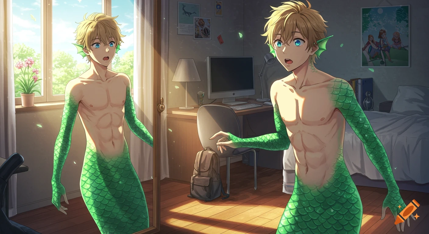 A blonde anime-style guy with green fish scales on his arms and lower body looks in surprise at his reflection in a full-length mirror in his sunlit bedroom.