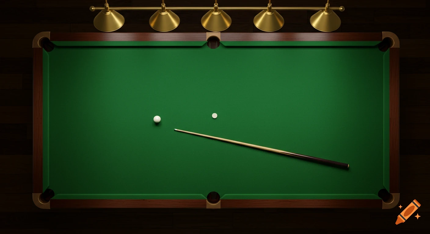 A top-down view of a green snooker table with dark wooden rails, illuminated by five brass lamps above. Two white balls and a cue stick rest on the felt.