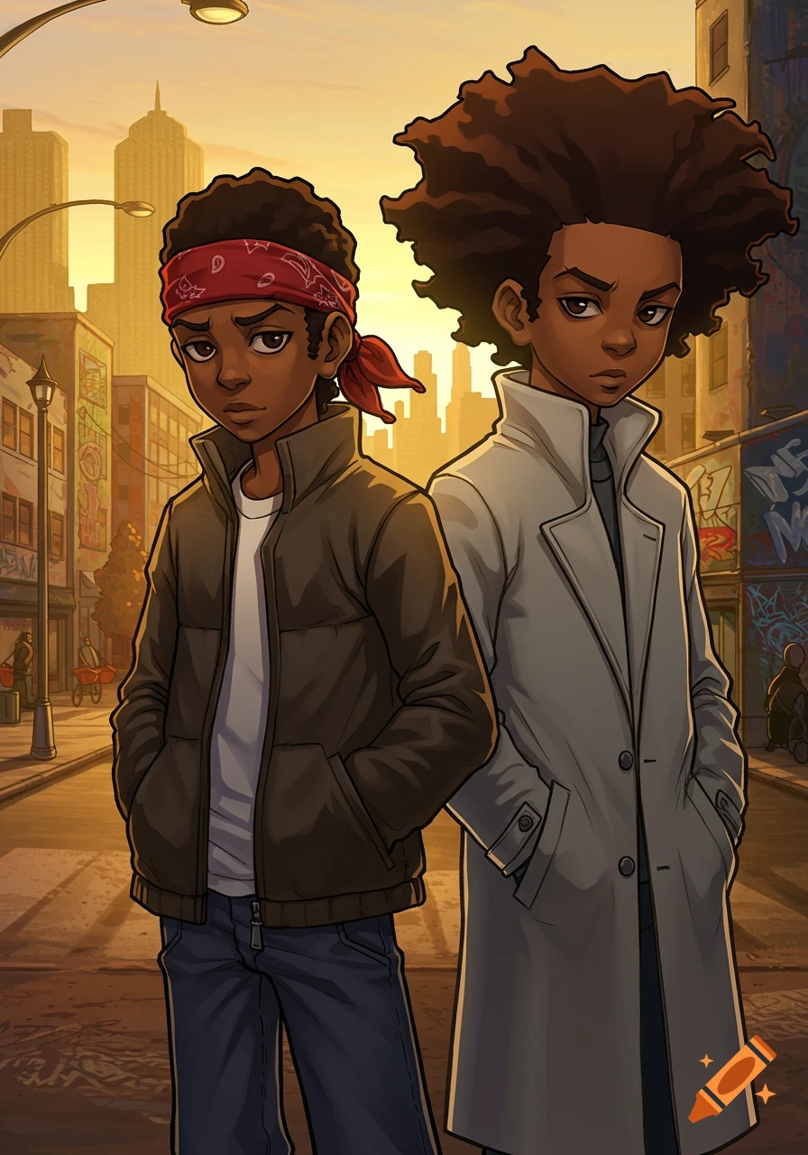 Cartoon of two young Black males, Riley and Huey, standing side-by-side on a city street at sunset.