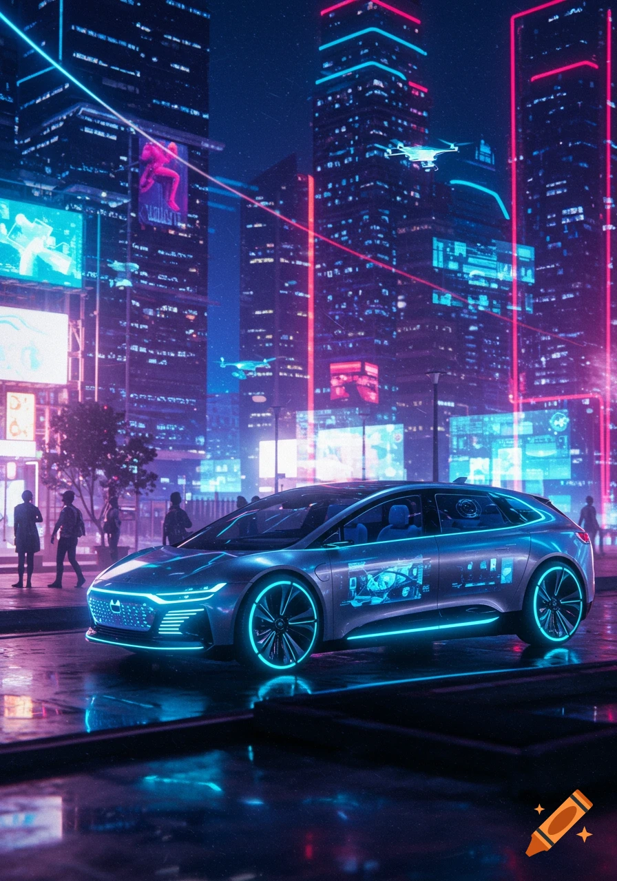 A sleek, silver futuristic autonomous car with neon blue lights drives through a vibrant cyberpunk city at night, reflecting on the wet street.