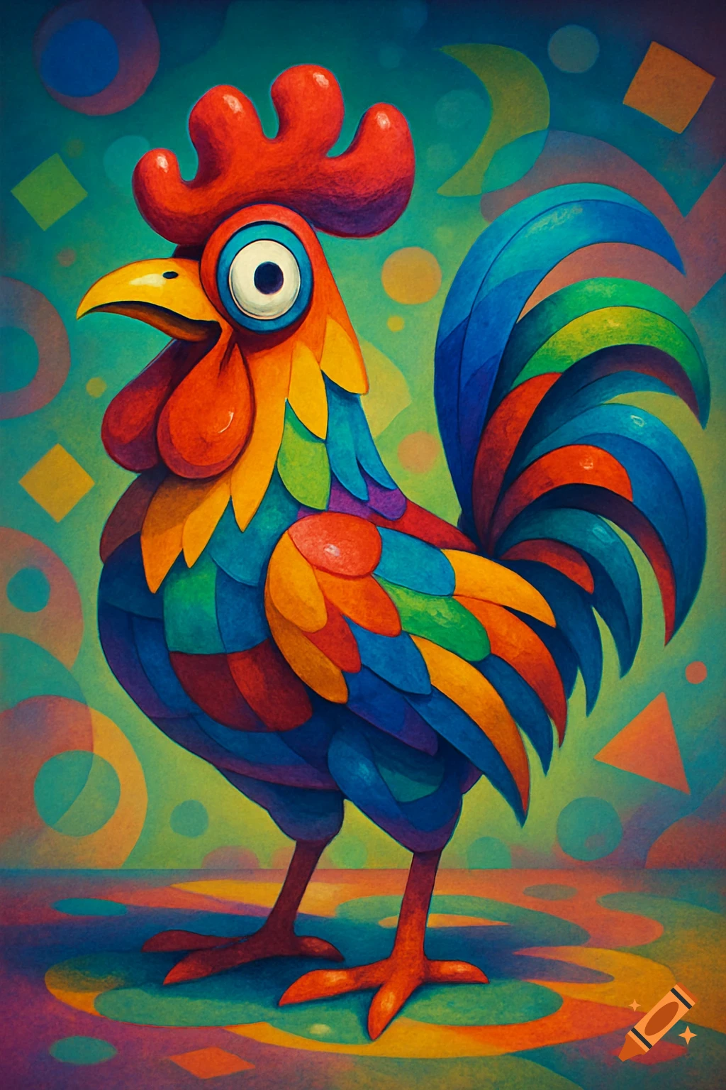 A vibrant, colorful rooster in a cartoon, Klasky Csupo style, with a red comb and tail feathers against a geometric background.