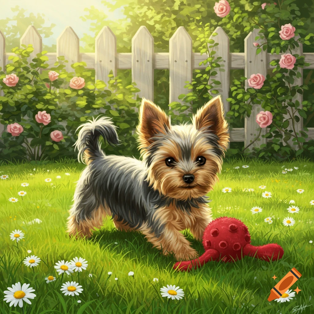 A cute Yorkie dog with a red toy in a sunny green garden with white daisies and pink roses, next to a white picket fence.