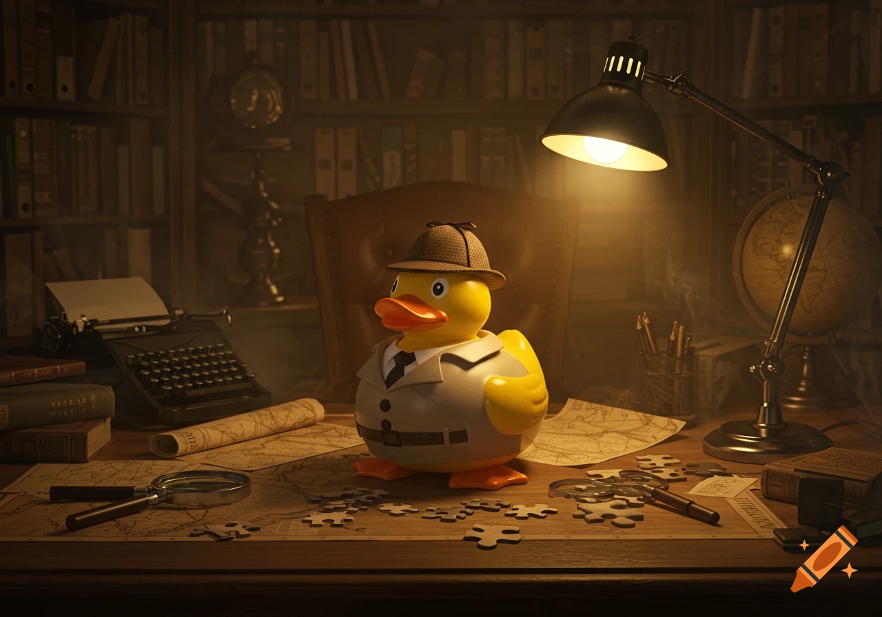 A rubber duck detective in a fedora and trench coat sits at a desk in a dimly lit study with a typewriter, maps, and magnifying glasses.