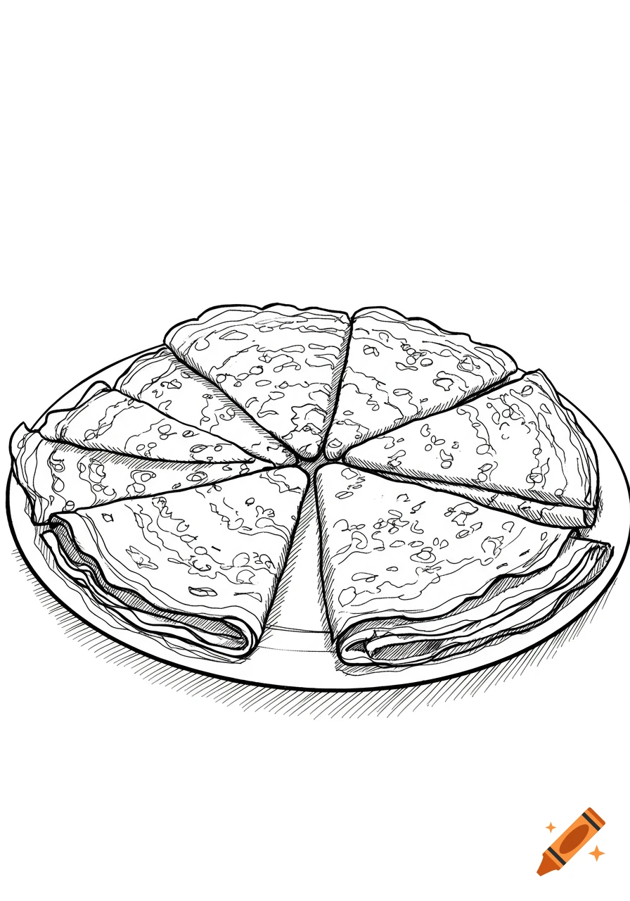 Black and white ink illustration of a plate of folded pancakes