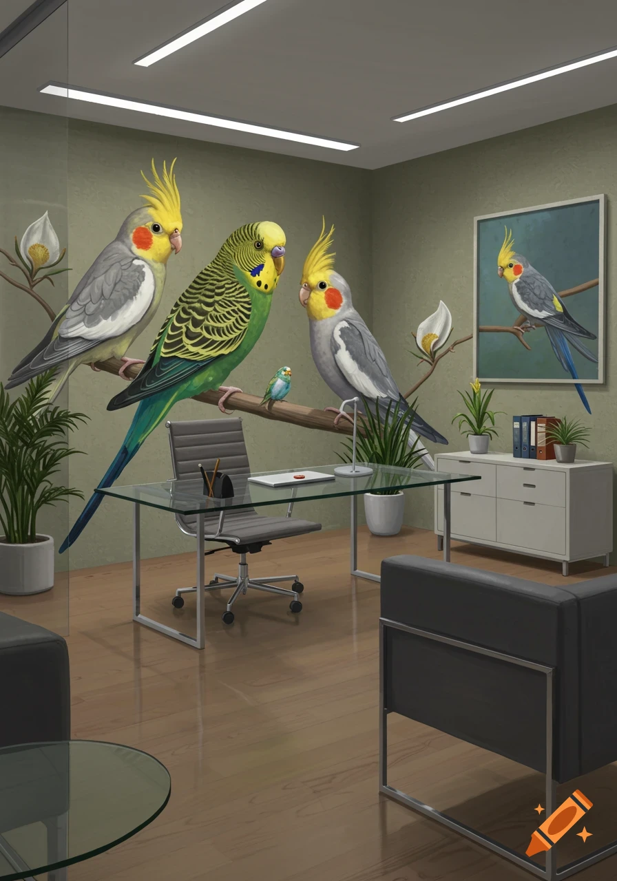 Stylized illustration of three large cockatiels and one small budgie perched on a branch in a modern office, with a desk, chair, and plants.