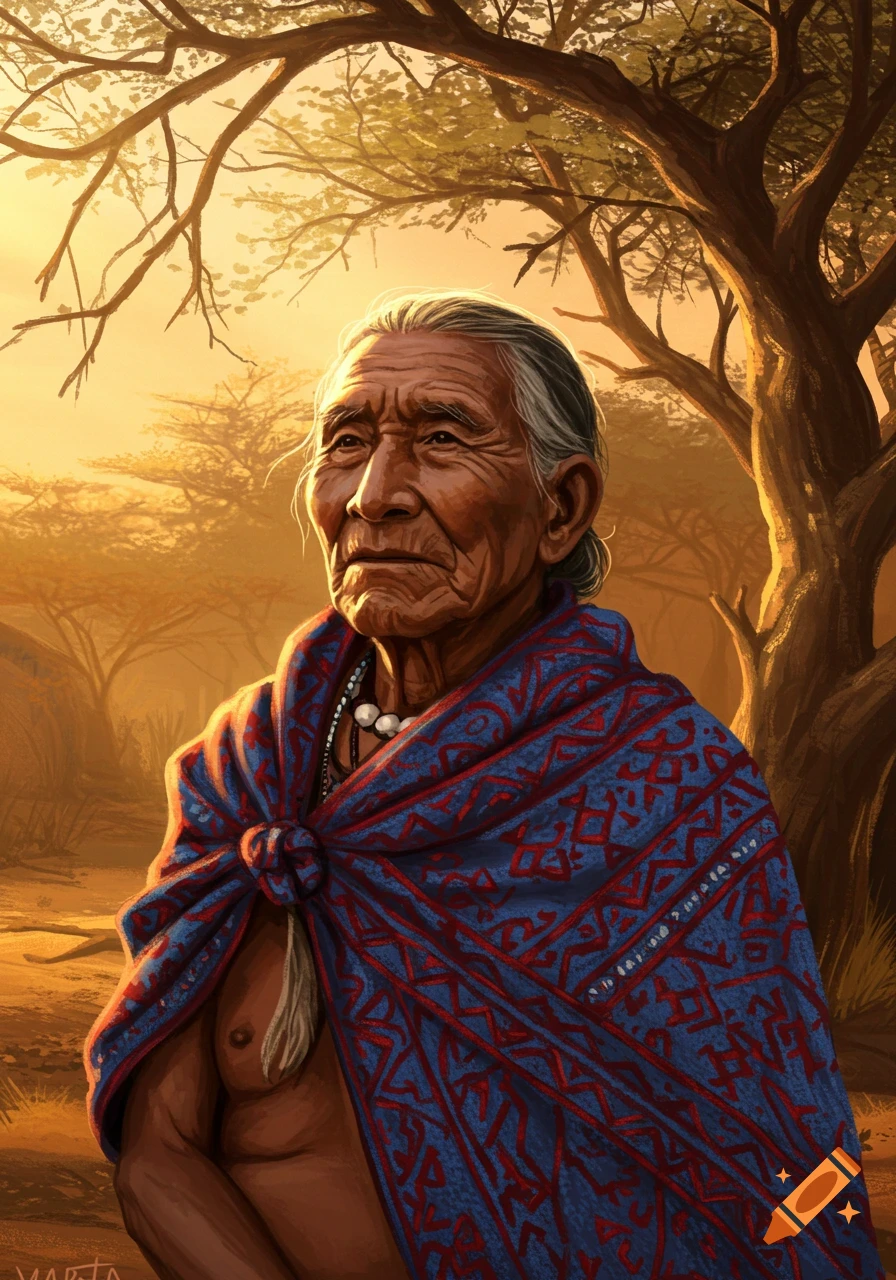 Painted portrait of an elderly Indigenous person, possibly Wayuu, wrapped in a blue and red patterned blanket, in a warm, sunlit arid landscape.