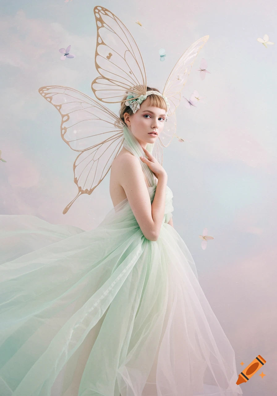 Woman with large butterfly wings as a headpiece, wearing a flowing mint green dress, against a dreamy pastel background with floating butterflies.