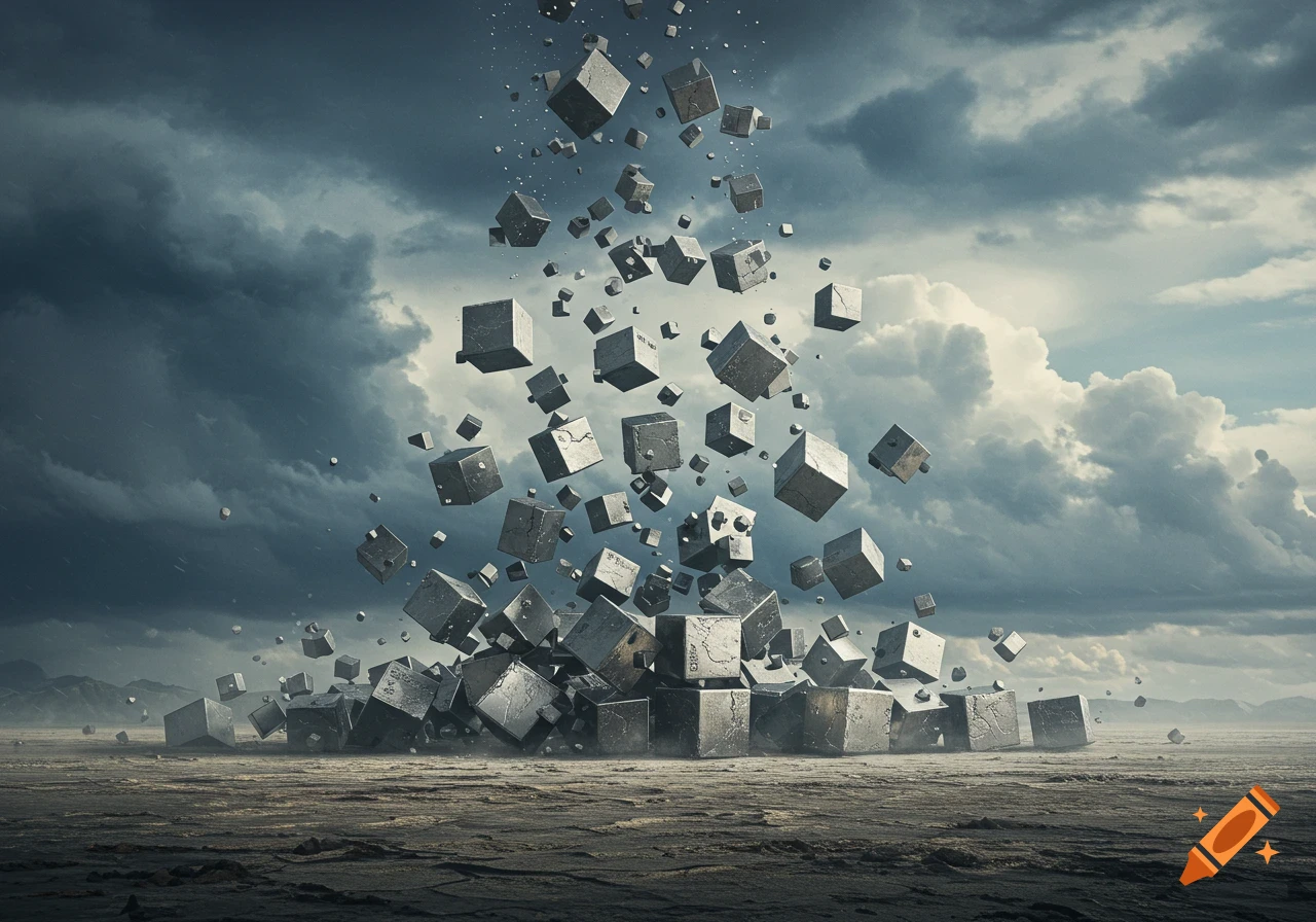 An abstract image of numerous textured metal cubes falling from a dramatic, stormy sky onto a desolate, cracked ground.