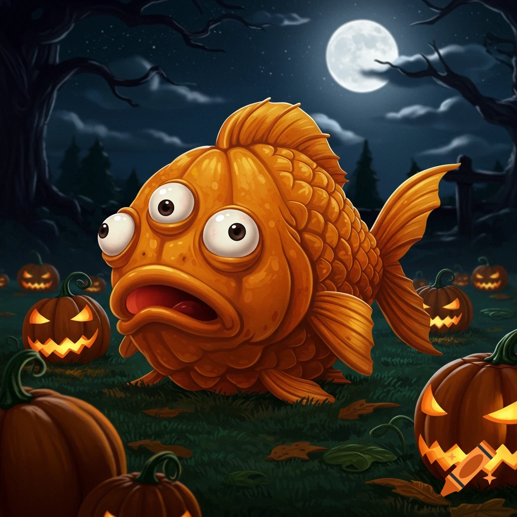 A startled, three-eyed pumpkin goldfish creature stands among glowing jack-o'-lanterns on grass under a full moon in a spooky, cartoon Halloween night.