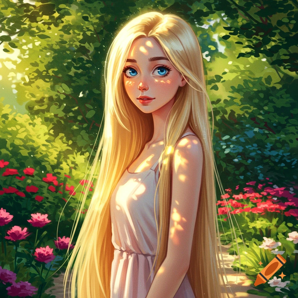 Anime art of a young woman with very long blonde hair and blue eyes, standing in a sunny garden with pink and red flowers.