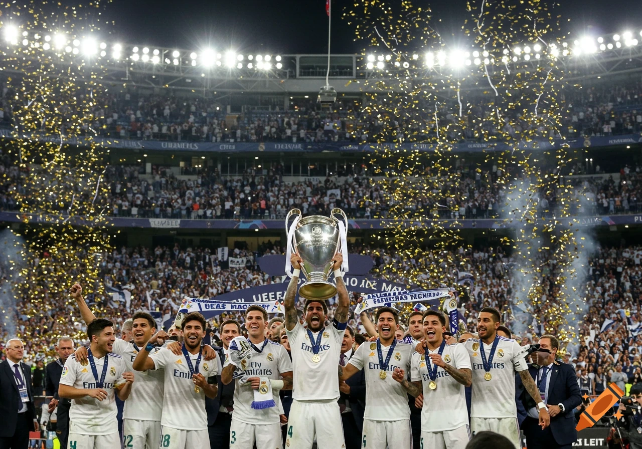 Real Madrid soccer players celebrate winning the Champions League trophy in a stadium with golden confetti.