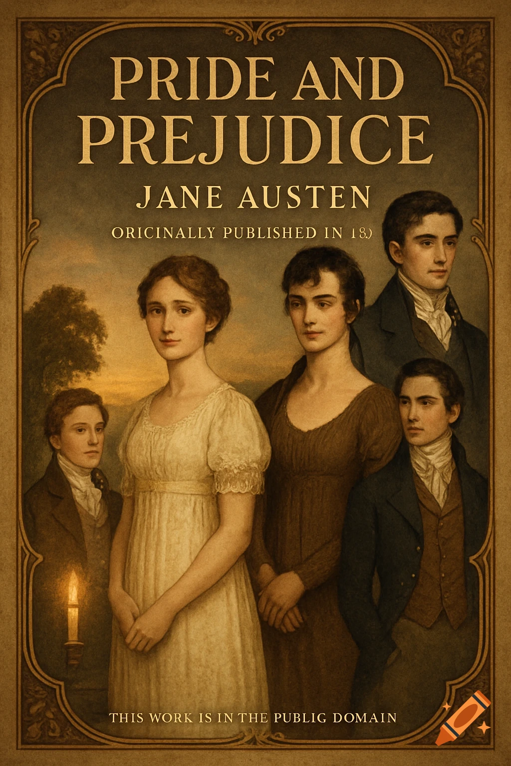 A Regency-style book cover for Pride and Prejudice featuring five figures in period attire with gold text on a dark background.