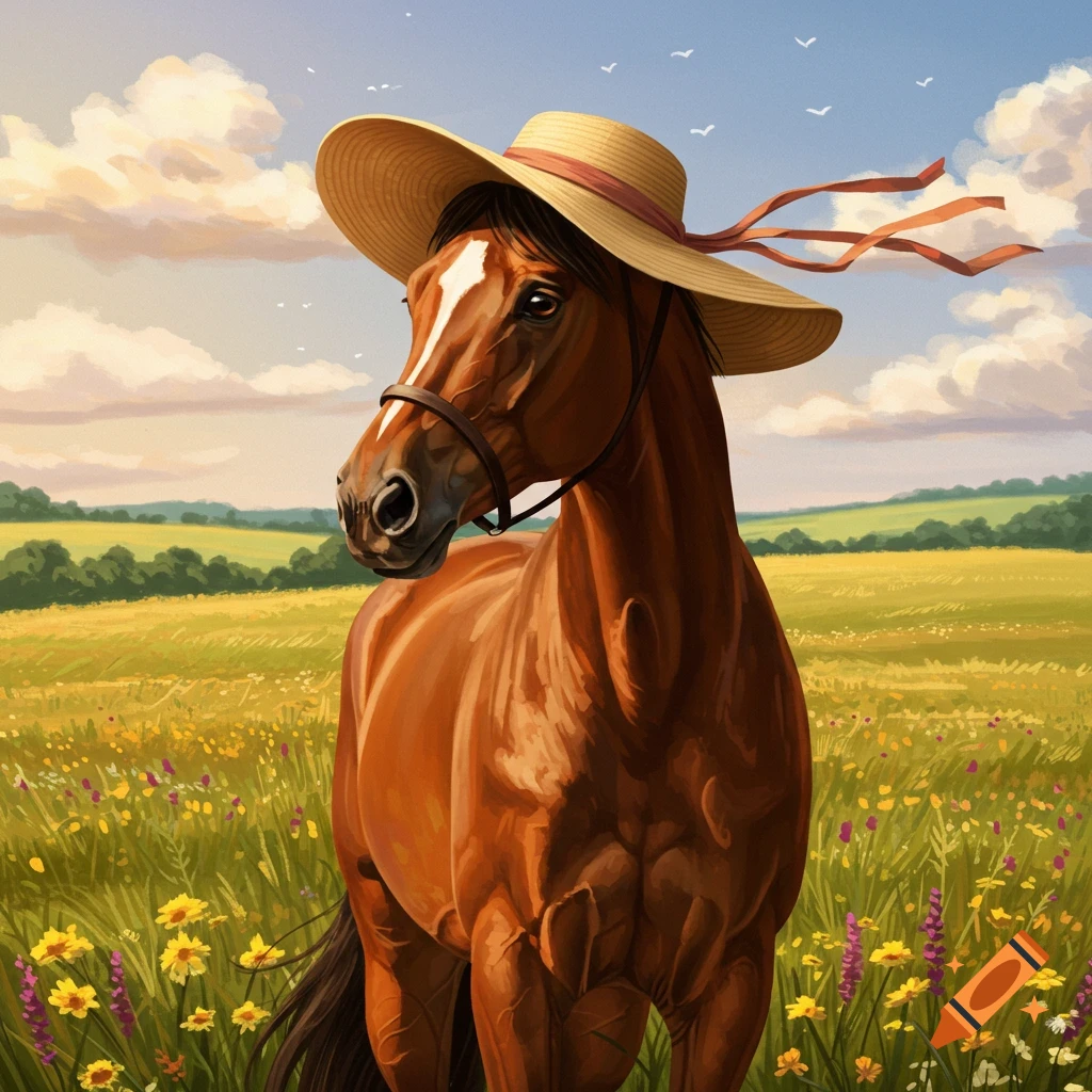 A brown horse wearing a straw hat with ribbons stands in a vibrant wildflower field under a blue sky with clouds and birds.