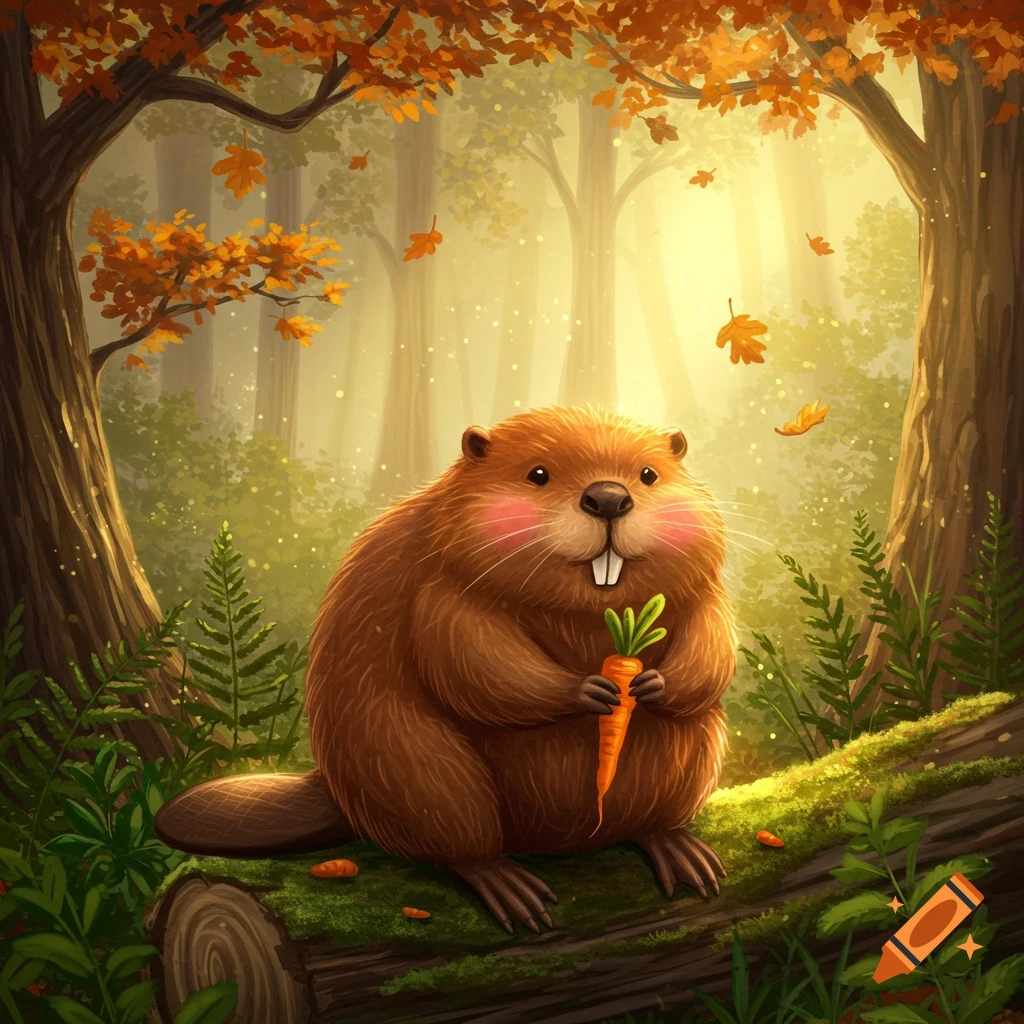 A cute, chubby beaver sits on a mossy log in an autumn forest, holding a carrot.