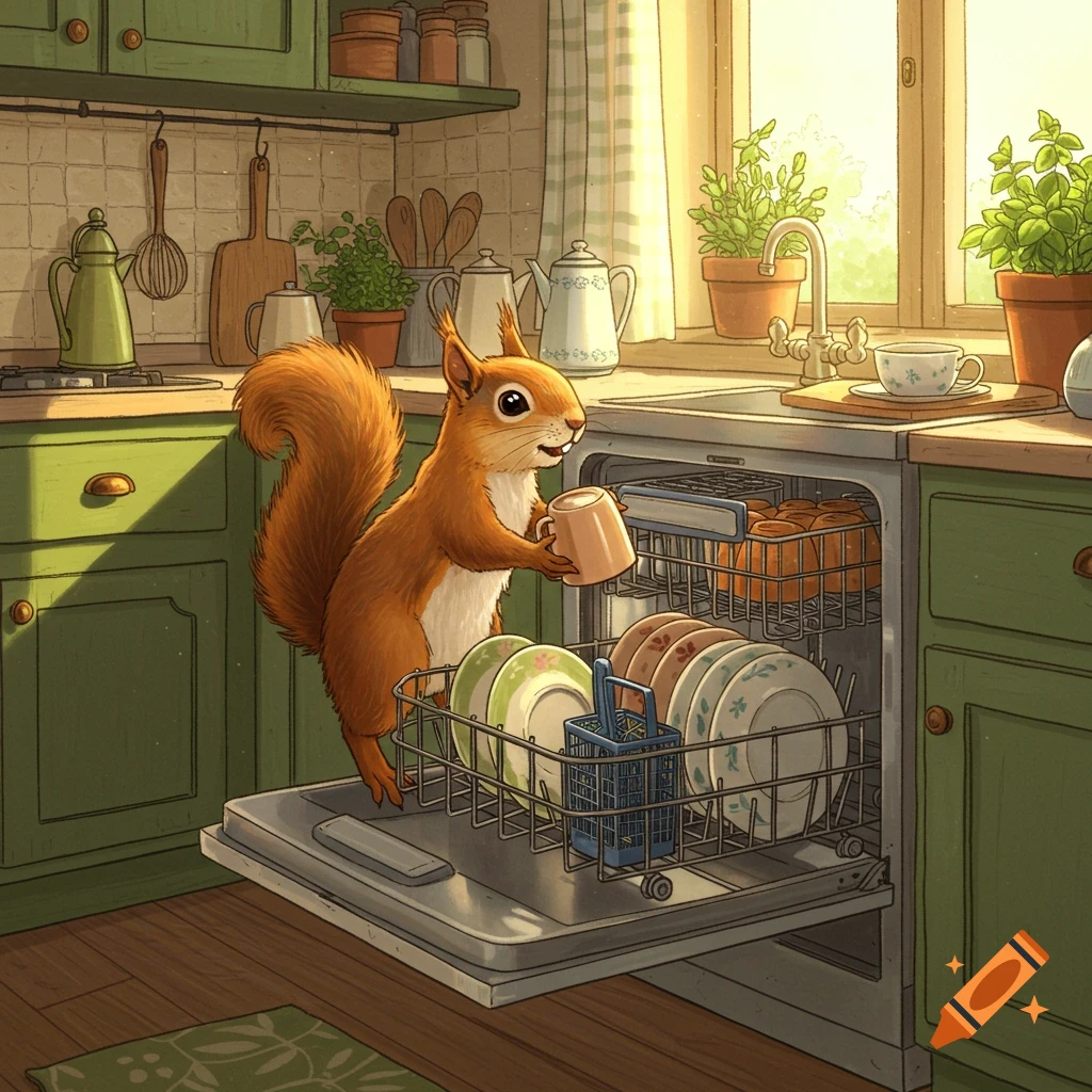 A cartoon squirrel with an orange tail stands in a cozy, green kitchen, placing a mug into an open dishwasher full of dishes.