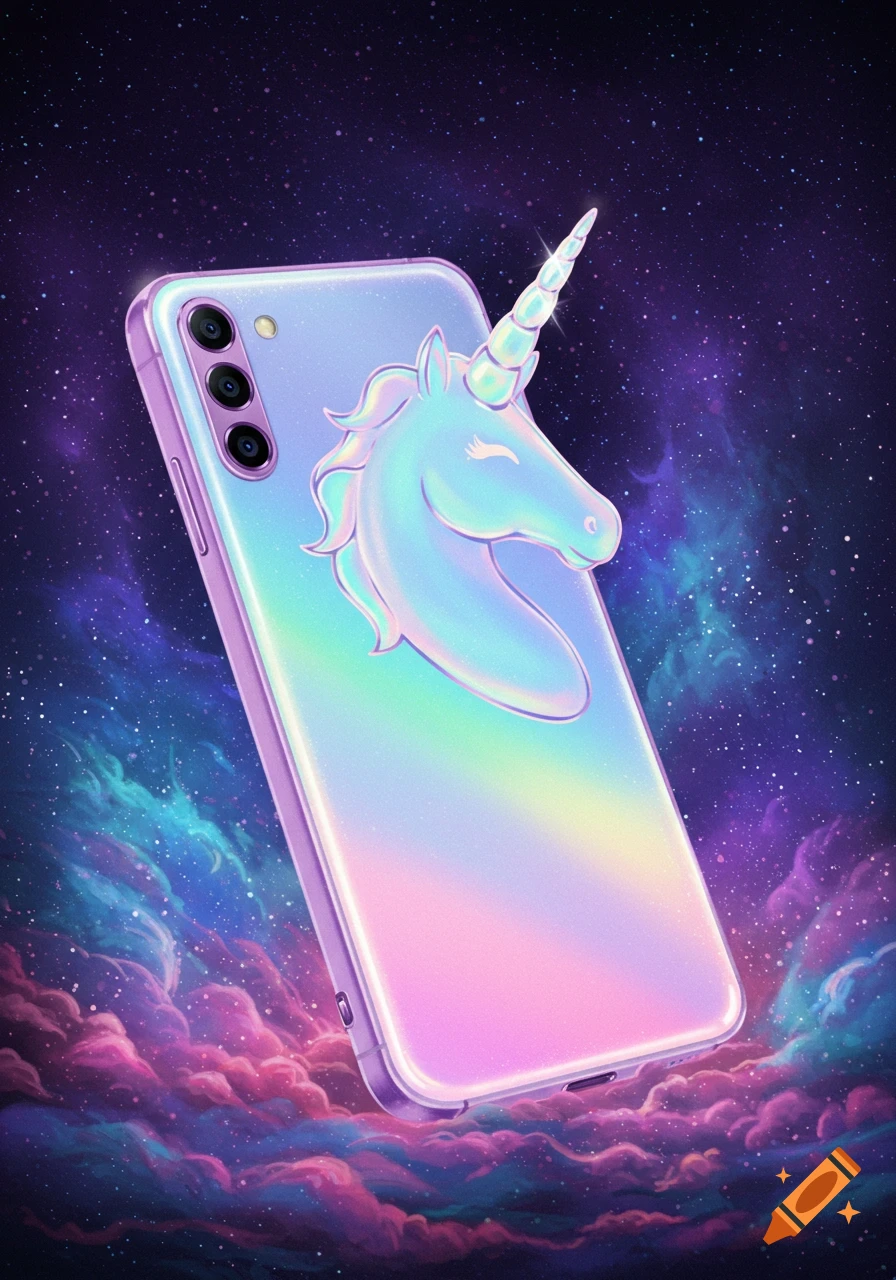 A holographic unicorn head emerging from a purple and rainbow gradient phone against a starry space background with glowing clouds.