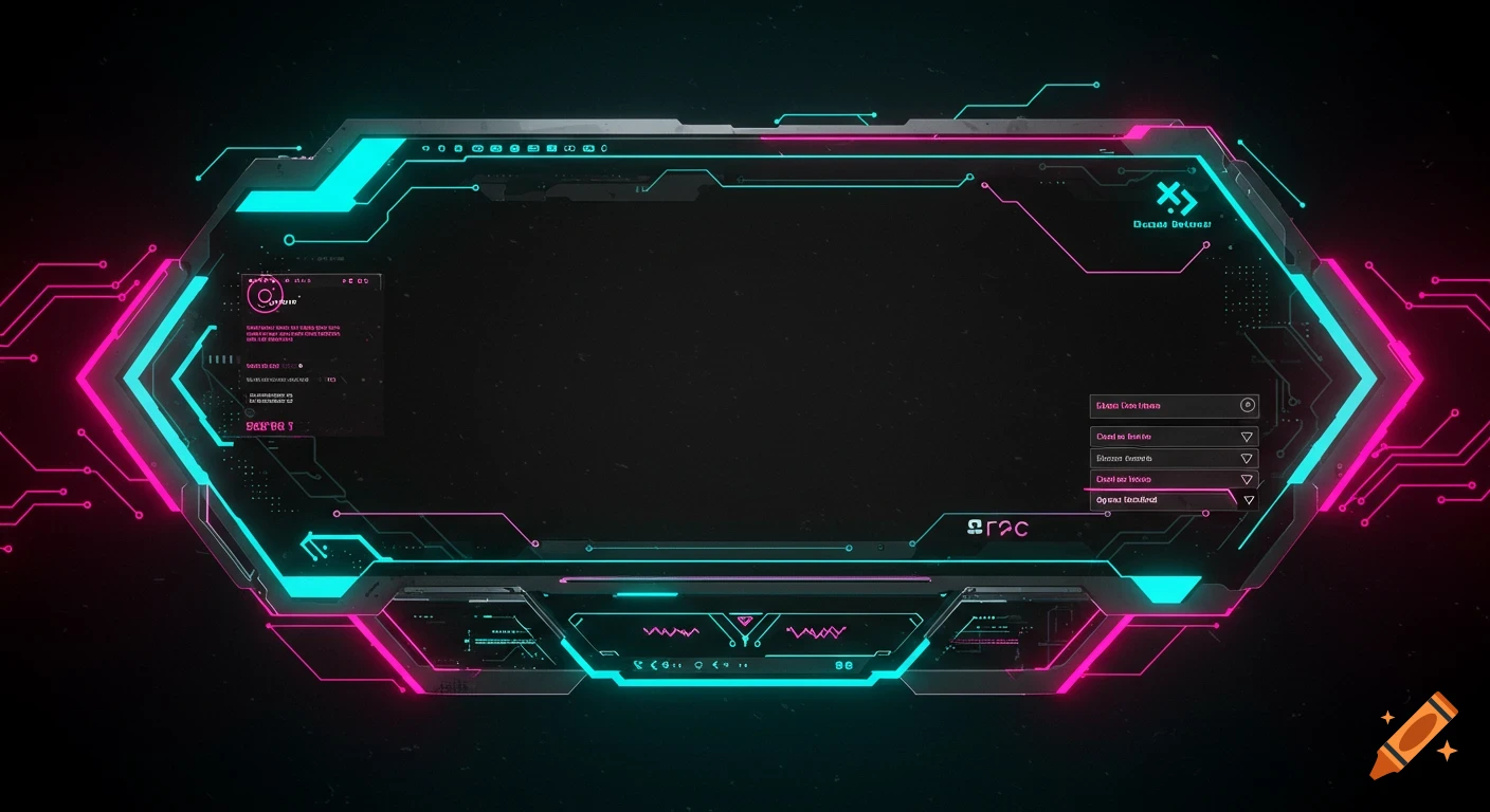 A neon pink and cyan futuristic hexagonal UI frame overlay with circuit patterns and abstract tech elements on a dark background.