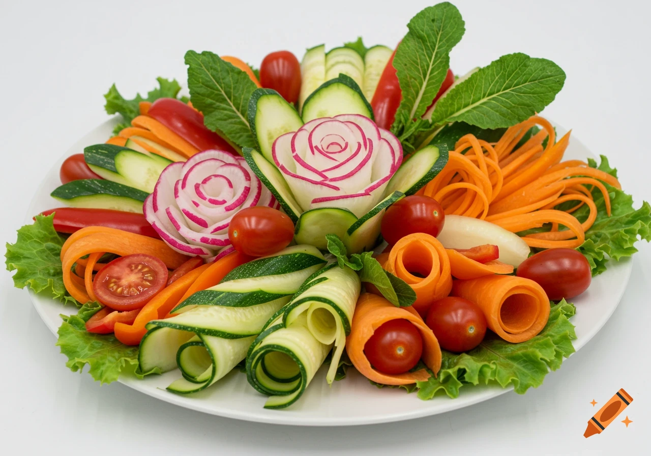 A platter of artfully arranged fresh vegetables, featuring radish and cucumber roses, carrot ribbons, and cherry tomatoes.