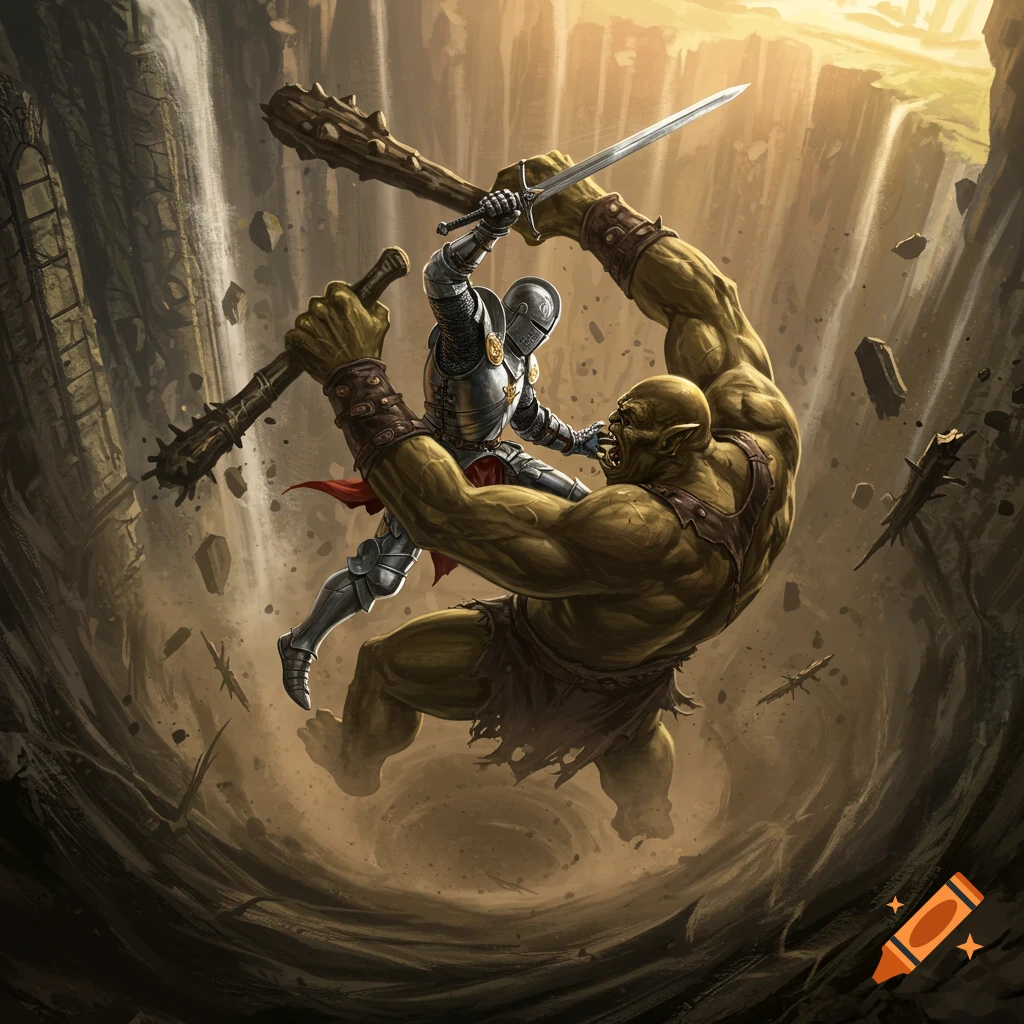 A knight in shining armor battles a large green ogre while falling into a dark chasm, surrounded by debris and waterfalls, in a detailed fantasy art style.