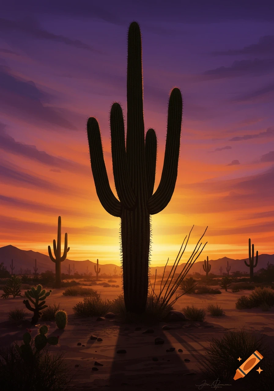 A saguaro cactus silhouetted against a vibrant orange and purple sunset sky in a desert landscape.