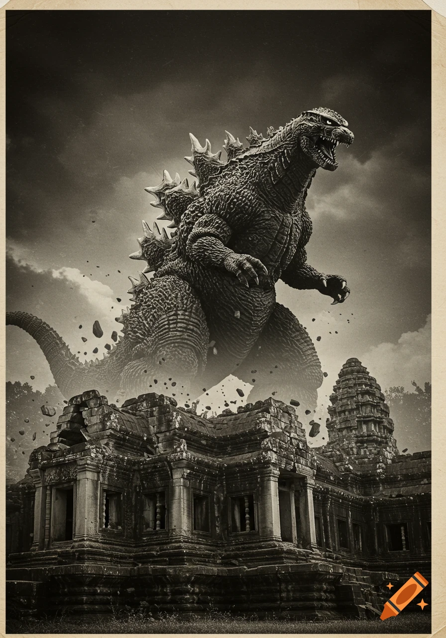 A giant Godzilla rises above an ancient Cambodian temple, which is crumbling with debris floating in the air, in a dramatic monochrome old photo style.