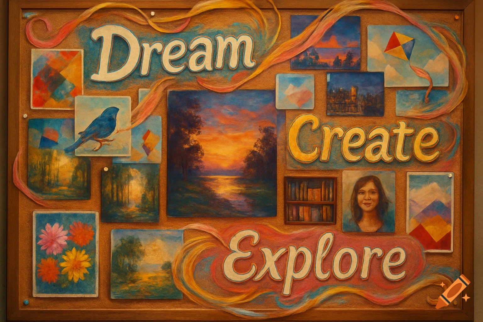 A textured inspiration board with 'Dream', 'Create', 'Explore' and various paintings: landscapes, a bird, flowers, and a portrait.